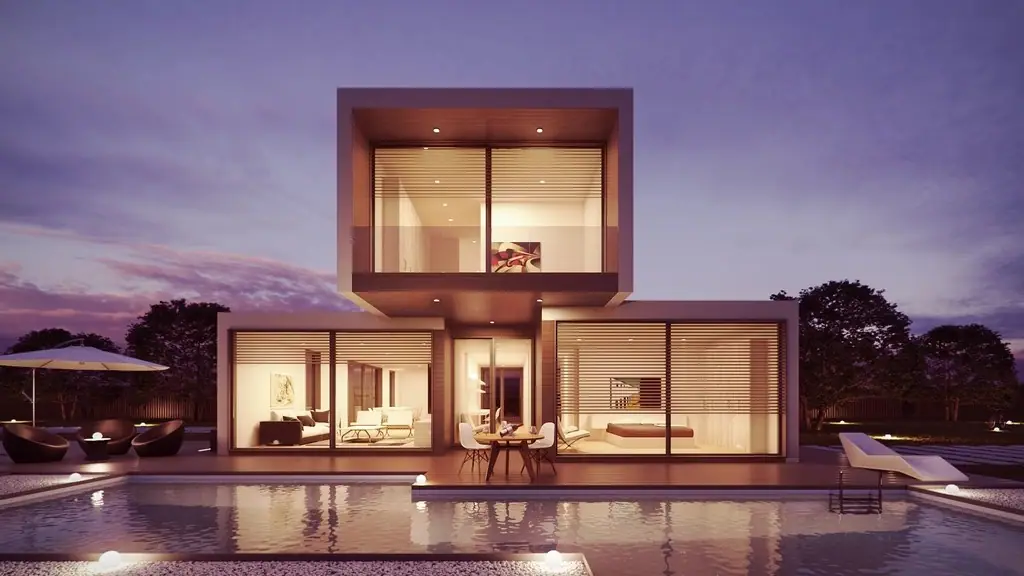 MARINA HOUSE: havuza yansıyan ışıklarıyla akşam saatinde beyaz kübik rezidans (üç boyutlu konsept görsel)